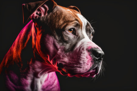 Portrait of an American Staffordshire Terrier with a neon pink light filter over a studio background. The idea of movement, beauty, a vet, a breed, action, pets loving each other, and animal life. Adv. Generative AIの素材