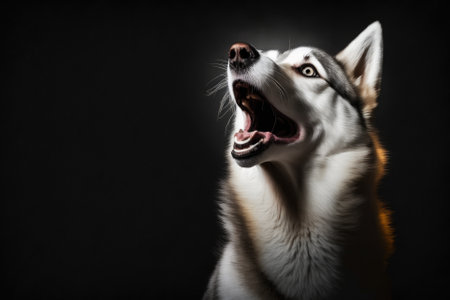 Portrait of a shocked Siberian Husky dog with its mouth open, standing in front of a black background. Generative AIの素材