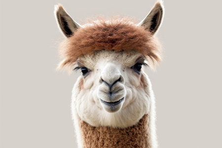 Portrait of a lone Alpaca lama smiling on a white background. Generative AIの素材
