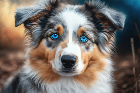 Portrait of an American Shepherd dog in a small size. Dog picture. Blue eyes dog. Animal from home out for a walk. Generative AIの素材