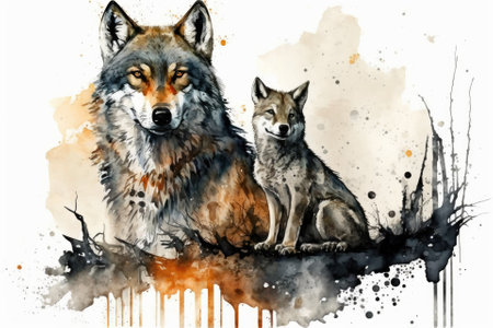 The mother wolf and her cub. drawing with watercolors. Generative AIの素材