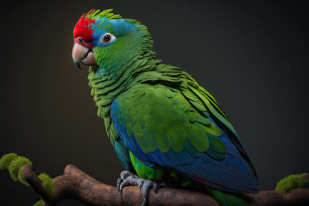 The Blue naped parrot, or Tanygnathus lucionensis, is a colorful bird that comes from the Philippines. A green parrot with a red beak and a light blue crown on the back is sitting on a branch in a dar. Generative AIの素材