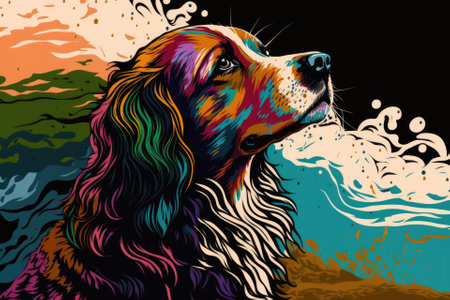Pop art style picture of a dog. Digital creative designer art. Illustration that is abstract, surreal, and psychedelic. Generative AIの素材