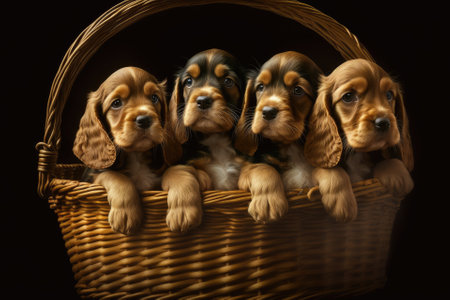 In the house, there is a basket with four Cocker Spaniel puppies in it. Love for dogs. Cocker Spaniel pups are born. Generative AIの素材