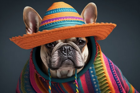 In the summer, a funny French Bulldog dog wearing sunglasses, a colorful straw hat, and a poncho gown. Generative AIの素材