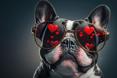 In the summer, a cute French Bulldog dog is wearing red sunglasses in the shape of a heart. Generative AIの素材