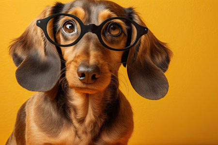 Portrait of a cute dachshund puppy wearing round, thick lensed glasses and sitting with a confused expression on a yellow background with painted question marks, front view. Generative AIの素材