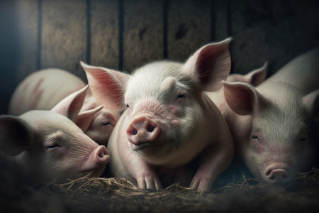 On the farm, a small piglet sleeps. Group of mammals waiting to be fed inside. pigs in the pen. Eyes shut and blur. Generative AIの素材