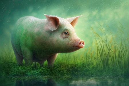 The background is green grass, and the pig is looking away. Generative AIの素材
