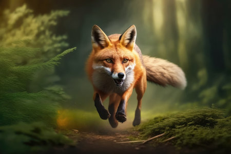 Running Red Fox, Vulpes vulpes, in green forest. A scene of wildlife in Europe. Animal in the wild with an orange fur coat. Scene with the red fox. Generative AIの素材