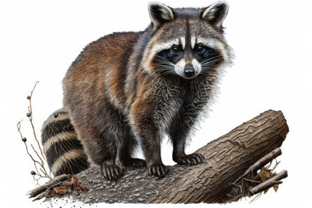 Realistic drawing of a raccoon (Procyon), illustration for an animal encyclopedia, image on white background. Generative AIの素材