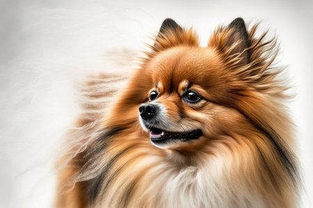 Sweet pet. Portrait of a happy Pomeranian spitz dog on a white studio background. The idea of beauty, animal health, the vet, and action and movement. Advertisement space. Generative AIの素材