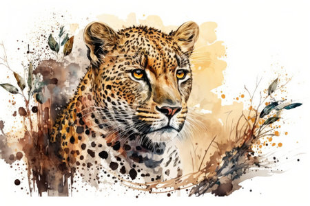 Watercolor drawing of a leopard in the savanna of Africa. African Safari cute wild cat face portrait of an exotic animal from Africa. Isolated on white poster, invitation, or wedding design. Generative AIの素材