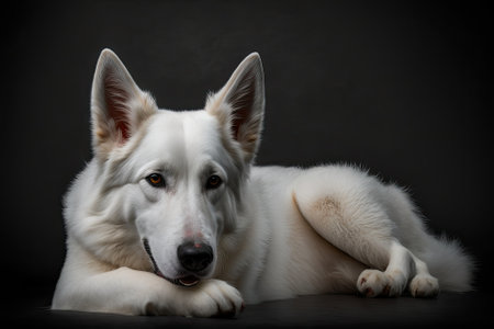 Portrait of a beautiful, calm, and smart White Swiss Shepherd dog lying on the floor with its tongue out, on a gray studio background. Thoughts about movement, action, pets, animal life, and domestic . Generative AIの素材
