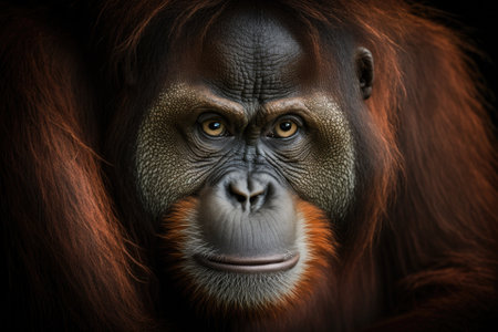 Portrait of a beautiful orangutan looking straight into the camera is very moving. Generative AIの素材