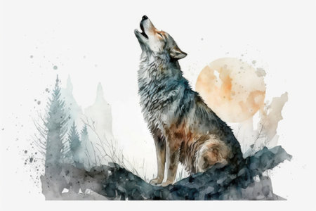 Watercolor drawing of a wolf howling. Grey wolf, coyot howl, hand drawn picture of an animal. Animals that hunt in the forest. Single wolf howl. A gray, hairy coyot is sitting. Generative AIの素材