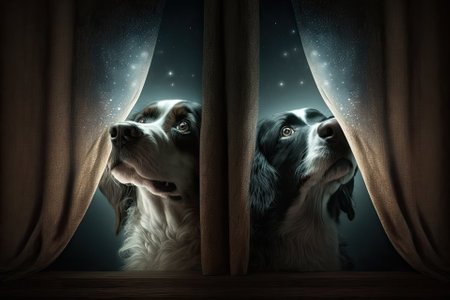 Two dogs hide behind a curtain because they are scared of fireworks, thunder, loud noises, or being alone. Generative AIの素材