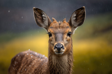 Portrait of a cute young red deer (Cervus elpaphus) with bright eyes and wet fur on a blurry background in the Italian Alps. Generative AIの素材
