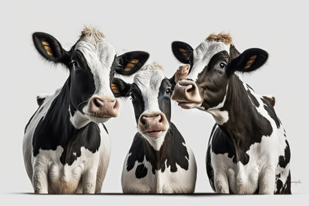 There are three funny cows on a white background by themselves. Three cute cows in a picture. The cows in the group talk to each other. Animals on farms. Generative AIの素材