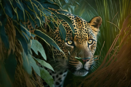 The jaguar was hiding in the grass. Spotted fur, hiding in plain sight. The big cat hunts for food. Focus on the audience. A picture of an animal hunter. Generative AIの素材