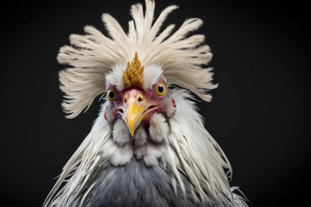 The hen is sick and has lost feathers. Hens have chicken lice. Portrait of an unhealthy chicken. Generative AIの素材