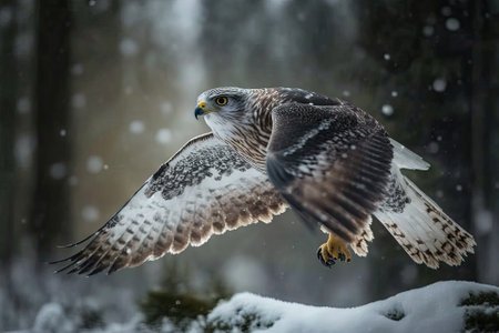 The falcon flew. Falco rusticolus, gyrfalcon, bird of prey fly. Flying rare bird with white head. Russia, forest in the winter, animal in its natural habitat. Scenes of wildlife in the wild. Falcon fl. Generative AIの素材