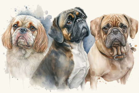 Watercolor picture of three dogs, including a french bulldog, a king charles cavalier spaniel, and a pug. Generative AIの素材