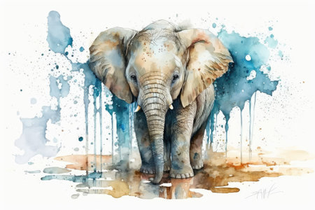 Watercolors were used to draw a cute baby elephant for a beautiful animal portrait. Stock illustration. Generative AIの素材