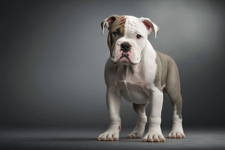Small funny dog A posing American bulldog on a gray background. Generative AIの素材