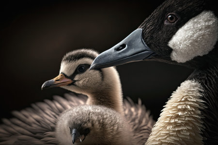 close up picture of a goose and its baby. Generative AIの素材