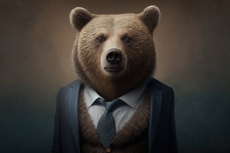 Smart business bear in a suit, bear in a suit studio portrait. Generative AIの素材