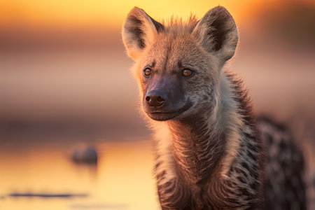 Young hyena pup, evening sunset light. Hyena, detail portrait. Spotted hyena, Crocuta crocuta, angry animal near the water hole, beautiful sunset, and cub. Animal pup nature, Okavango, Botswana. Generative AIの素材
