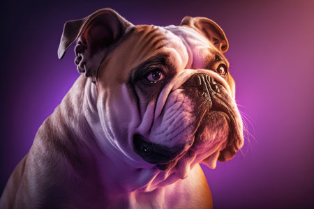 Portrait of a purebred dog, a bulldog, looking at the camera, with a gradient of pink and purple neon lights in the background. The idea of movement, action, love for pets, and animal life. Advertisem. Generative AIの素材
