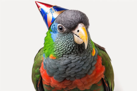 Red Winged Parrot wearing a birthday hat and looking at the camera. stand out against a white background. Generative AIの素材