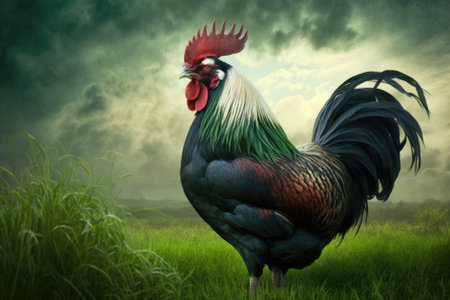 sylvester big rooster in a green field. Generative AIの素材