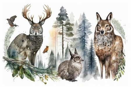Wildlife wallpaper from the woods. A picture of an owl, a deer, and a rabbit. Animals and evergreen trees painted in watercolor on a white background. Generative AIの素材