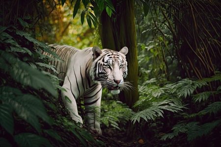 White tiger is in the forest looking for food. Panthera tigris corbetti in its natural habitat in Thailand, where it is a wild, dangerous animal. Generative AIの素材
