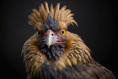 The hen is sick and has lost feathers. Hens have chicken lice. Portrait of an unhealthy chicken. Generative AIの素材
