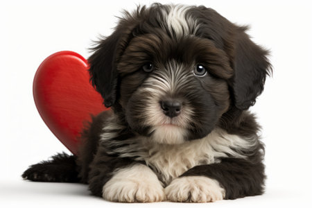 A cute valentine havanese puppy dog with a red heart on a white background. Generative AIの素材