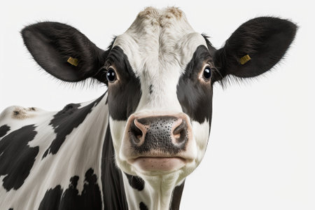 Funny cute cow on white by itself. Close up of a black and white cow that talks. Funny, interesting cow. Farm animals. Pet cow on white, looking close at the camera. Generative AIの素材