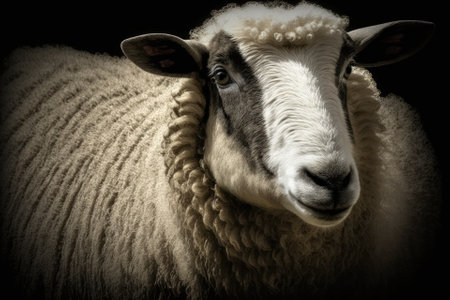 Ram, an adult sheep, in the head. A pen for animals in North America. Generative AIの素材