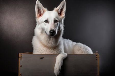 Picture of a smart, beautiful White Swiss Shepherd A dog leans on a box and poses against a grey studio background. Concepts of movement, action, love for pets, animal life, and living with animals. Generative AIの素材