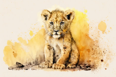 Watercolor of a baby lion or lion cub with a yellow background. Animal from Africa. Watercolor. Illustration. Design for a greeting card. Cut outs. Generative AIの素材