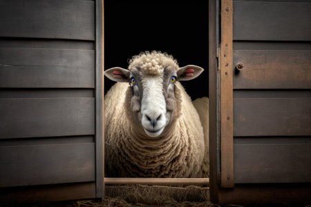 Sheep Ram Peeking Through the Door to an Animal Pen in North America. Generative AIの素材