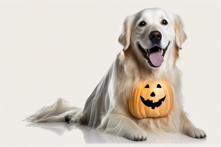 On a white background with bats, a happy dog dressed as a ghost sits. Halloween Golden Retriever. The idea of a holiday that is both scary and happy. Generative AIの素材