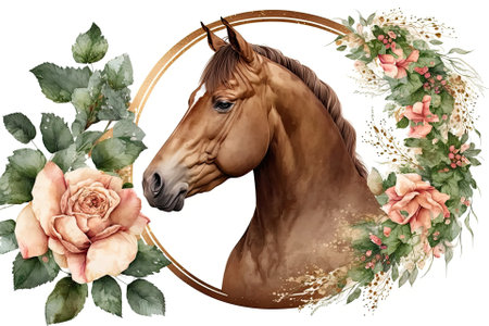 Brown Horse in floral plant spring frame, circle, or wreath with peonies and roses, isolated on white background. Picture, head. Watercolor. Illustration. Generative AIの素材