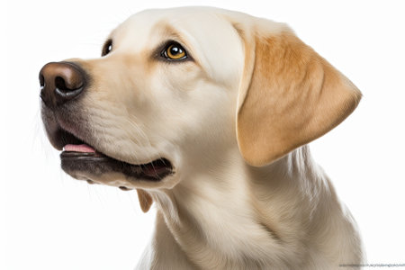 A side view of a blond labrador retriever dog looking at the camera with its mouth open, isolated on a white background. Generative AIの素材