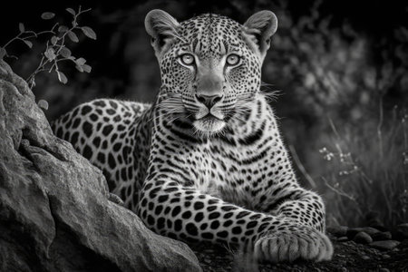 A horizontal black and white photo of a leopardess, Panthera pardus, resting on a termite mound and staring at the camera in the Timbavati Game Reserve in South Africa. Generative AIの素材