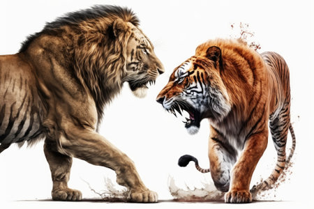 Side view of a roaring lion and tiger ready to fight, on a white background. Generative AIの素材