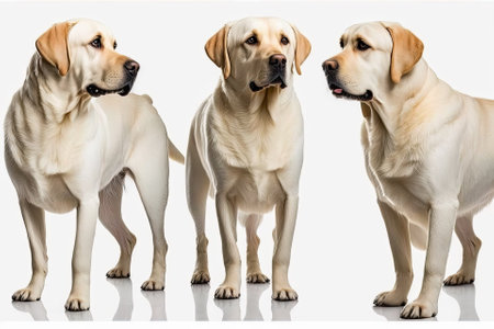 Set of pictures of a big, cute purebred dog called a Labrador that is standing alone on a white background. The idea of movement, beauty, a vet, a breed, action, pets loving each other, and animal lif. Generative AIの素材